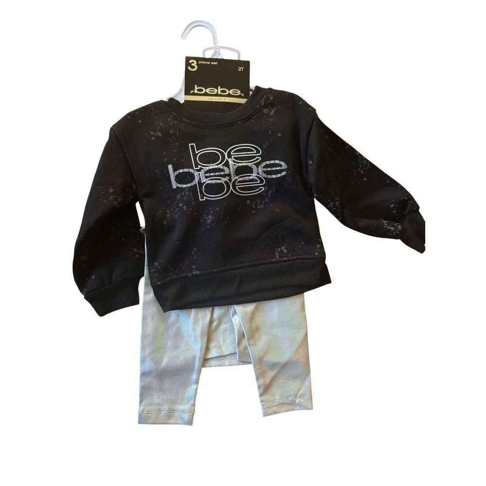 Bebe Sport Kids 2T Black Iridescent 3 Piece Set Sweatshirt Tank Leggings